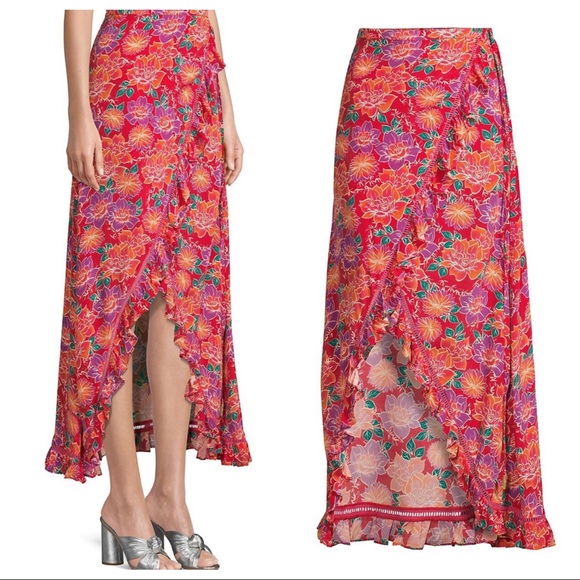 PALOMA BLUE Stevie Ruffled Floral-print Crepe De Chine Wrap Maxi Skirt In Red - Picture 2 of 8
